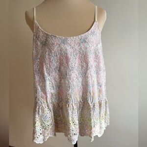 Anthropologie Featherbone White Blouse with Pastel Pink & Light Blue Embroidery